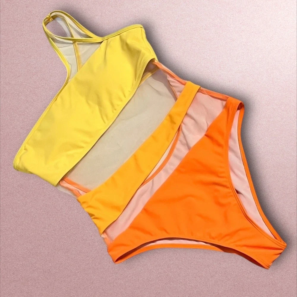 Colorblock One Shoulder Mesh‎ Cutout One Piece Swimsuit Yellow Orange High Leg L